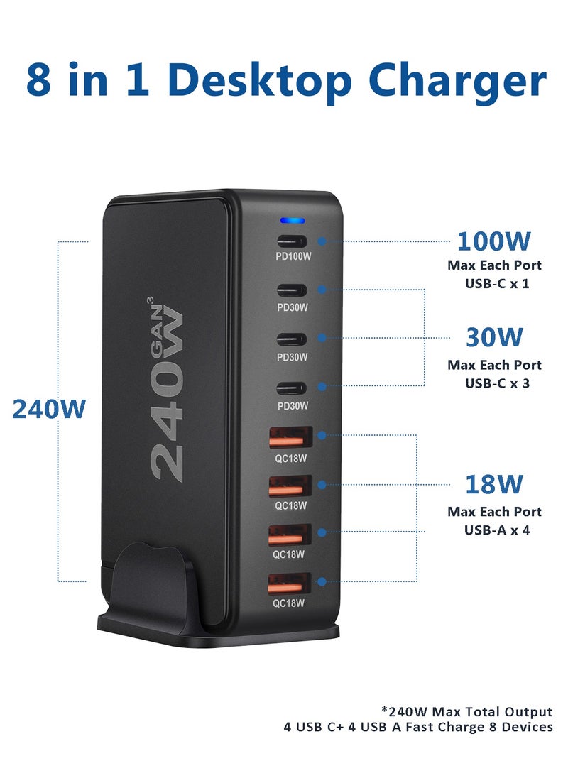infino 240W USB C Charger Charging Station - 4 Type-C Ports (100W, 3x 30W) and 4 USB Ports (QC18W) - GaN Technology - Certified for Macbook, iPhone, Galaxy, iPad, Honor and More - 1.5m Power Cord  - Image 3