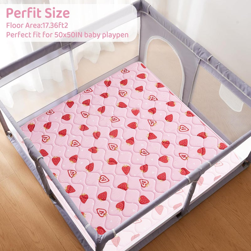 Viviland Baby Play Mats for Floor, Thicken Cushioning Padding Foam Playmate for Baby and Toddlers Infants, 50" x 50" Playpen Mat, Non-Slip & Machine Washable - Pink Strawberry - Image 2