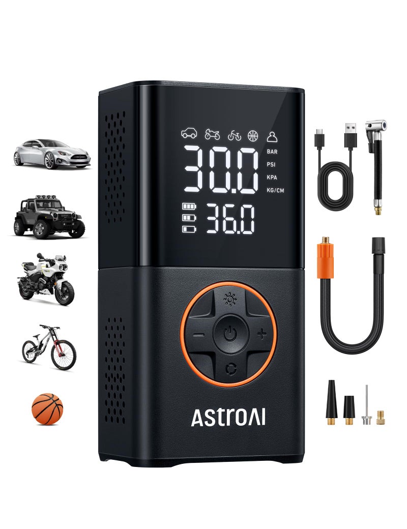AstroAI Wireless Electric Air Pump, Portable Battery Bicycle Pump with All Valves, LED Light, Rechargeable Tyre Pump for Bicycle, E-Bike, Car, Motorcycle, Balls, Black - Image 1