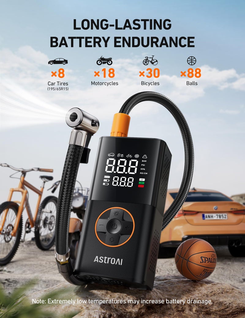 AstroAI Wireless Electric Air Pump, Portable Battery Bicycle Pump with All Valves, LED Light, Rechargeable Tyre Pump for Bicycle, E-Bike, Car, Motorcycle, Balls, Black - Image 4