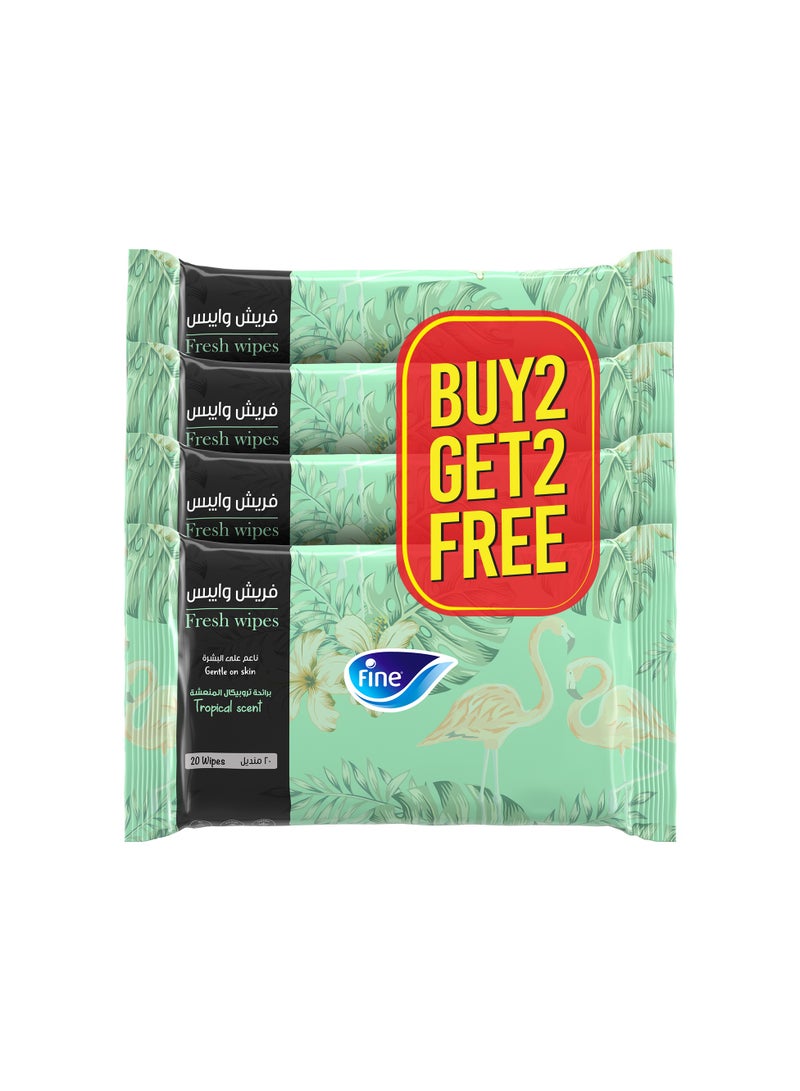 Fine مناديل مبللة متعددة الاستخدامات برائحة استوائية 20 ورقة عبوة من 4 - Image 1