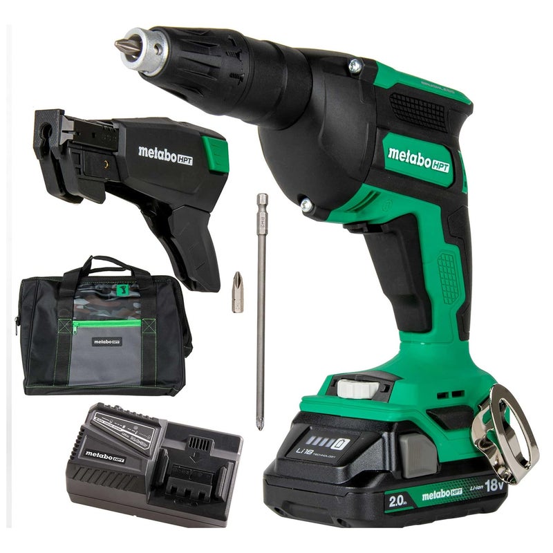 مجموعة مسدس براغي الجدران اللاسلكي Metabo HPT 18V MultiVolt مع محرك براغي عالي السرعة مع مجلة براغي مجمعة وبطارية ليثيوم أيون 20Ah وشاحن تصميم مريح وخفيف الوزن W18DAQB