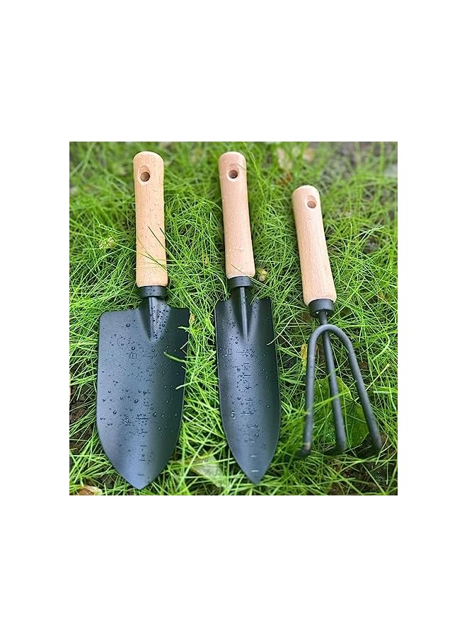 PROMASS 3 Pieces Garden Tools Set-Garden Rake Trowel, Gardening Tools with Wood Handle,Iron Crafts Gardening Work Kit with Solid Wood Ergonomic Handle Tools Succulent Gift Set Outdoor Gardening Tools(Black) - Image 2