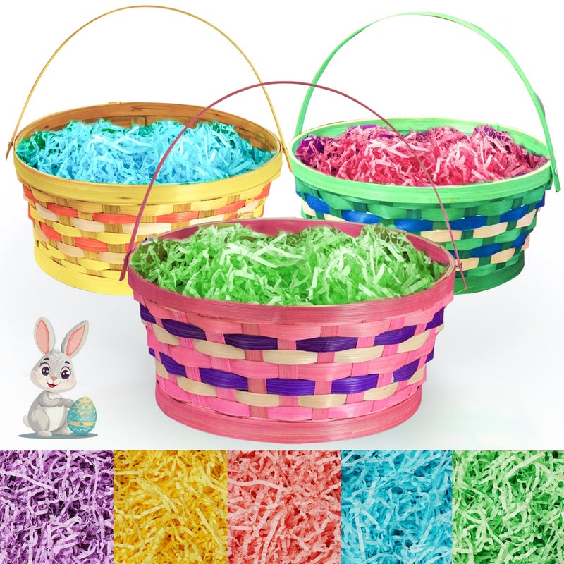 Uptotop Easter Basket with Handle, 3Pcs Woven Bamboo Easter Egg Baskets with 5 Colors Crinkle Cut Paper Filler, Perfect for Easter Egg Hunting, Decorations, Party Favors and Gift Giving - Image 1