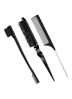 Generic 3 Pcs Slick Brush Set Bristle Hair Brush Teasing Comb Edge Hair Brush Grooming Combs Sturdy Rat Tail Comb for Women Babies Kids' Hair Black  - Image 1