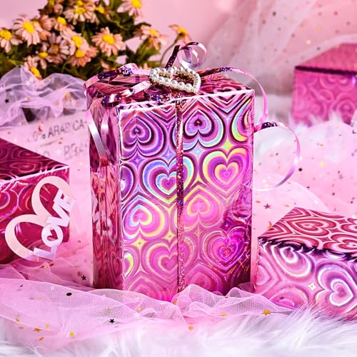 Yarcony Pink Wrapping Paper, Mini Roll, Holographic Hearts Wrapping Paper, Valentine's Day Present Paper for Lover Anniversary, Wedding, Mother's Day, Birthday, Romantic Occasions (17 Inch X 33 Feet) - Image 4
