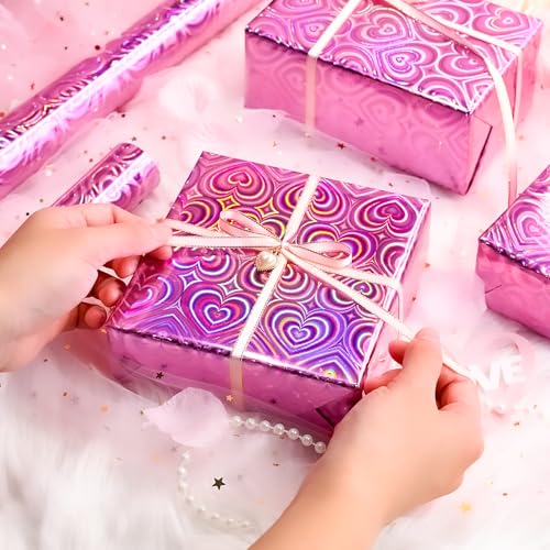 Yarcony Pink Wrapping Paper, Mini Roll, Holographic Hearts Wrapping Paper, Valentine's Day Present Paper for Lover Anniversary, Wedding, Mother's Day, Birthday, Romantic Occasions (17 Inch X 33 Feet) - Image 5