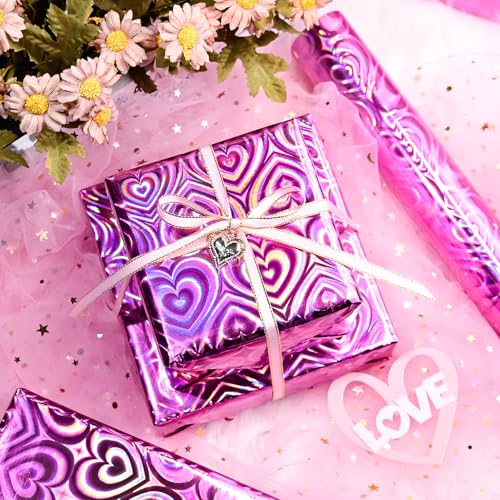 Yarcony Pink Wrapping Paper, Mini Roll, Holographic Hearts Wrapping Paper, Valentine's Day Present Paper for Lover Anniversary, Wedding, Mother's Day, Birthday, Romantic Occasions (17 Inch X 33 Feet) - Image 2