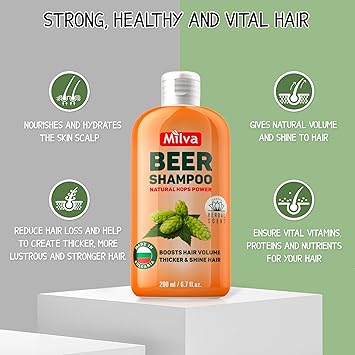 Milva Beer Shampoo for Shiny Hair with Hop Extract 200ml Hydrating Thickening Shampoo for Thinning Hair Gives Strength Volume Bounce Natural Itchy Scalp Treatment Parabens and Silicone Free - Image 5