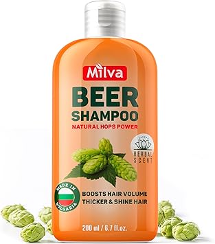 Milva Beer Shampoo for Shiny Hair with Hop Extract 200ml Hydrating Thickening Shampoo for Thinning Hair Gives Strength Volume Bounce Natural Itchy Scalp Treatment Parabens and Silicone Free - Image 1