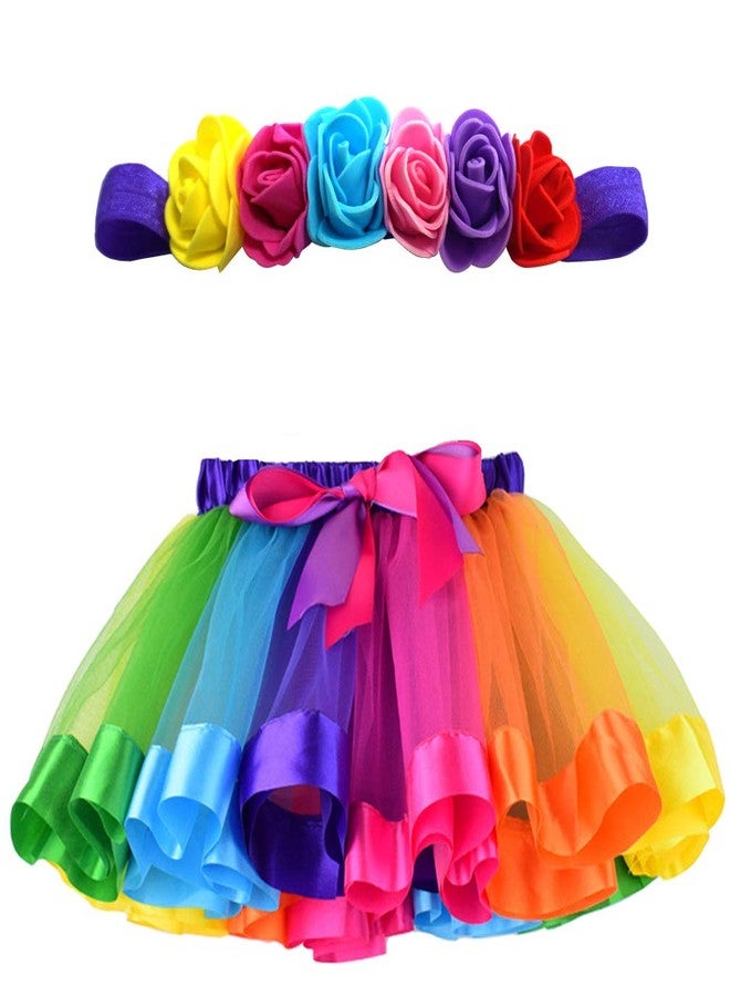 MY-PRETTYGS Toddlers Layered Tulle Rainbow Tutu Skirt with Flower Crown Wreath Headband for Baby Girls 0-24 Months.(Rainbow) - Image 1
