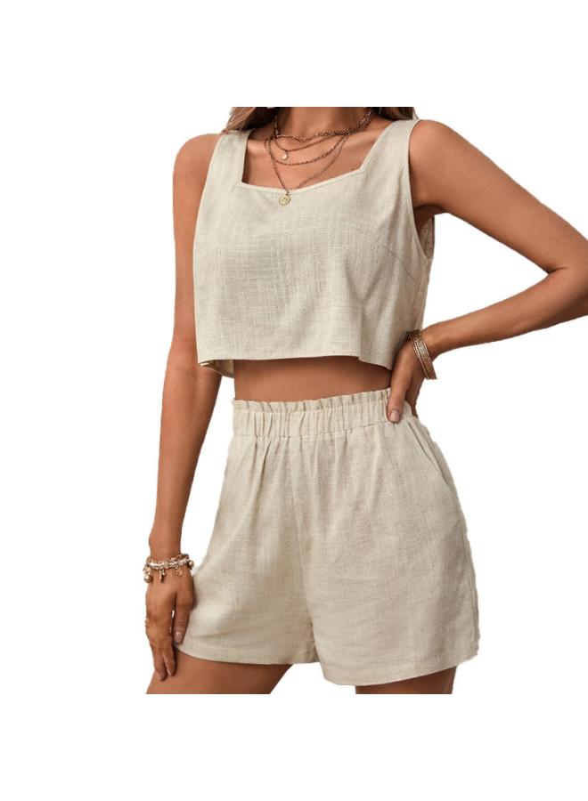 European And American Women's Clothing New Summer Casual Fashion Solid Color Cotton Linen Sleeveless Top Shorts Suit 