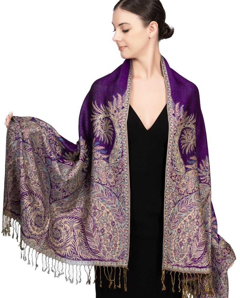 Achillea Soft Silky Reversible Paisley Pashmina Shawl Wrap Scarf w/Fringes (Big Paisley Purple) - Image 1