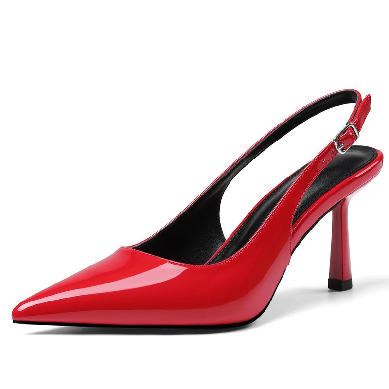 Synchoiss Women's Kitten Heels Red Slingback Heels Closed Pointed Toe Pumps Shoes Women Leather Stiletto Heeled Sandals Party Dressy Shoes Size 8.5 - Image 1