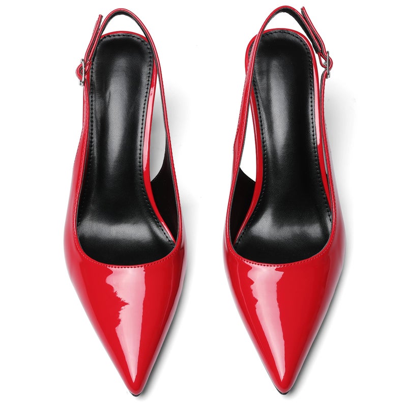 Synchoiss Women's Kitten Heels Red Slingback Heels Closed Pointed Toe Pumps Shoes Women Leather Stiletto Heeled Sandals Party Dressy Shoes Size 8.5 - Image 5
