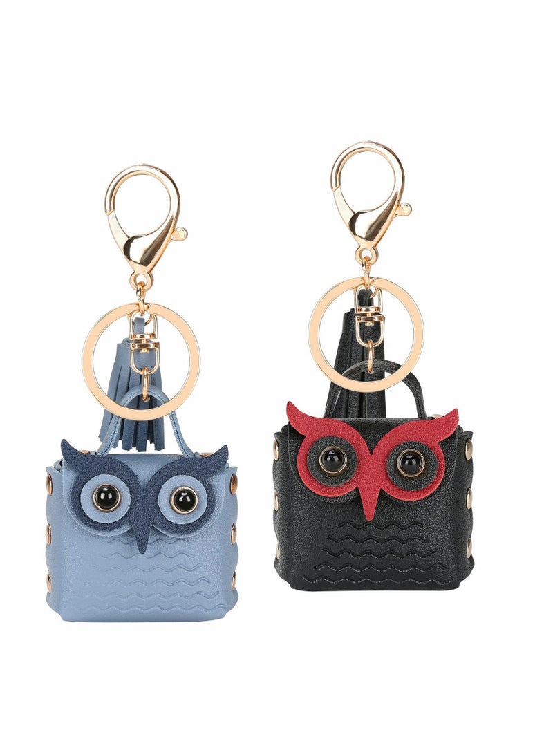 Y&D Owl Cute Keychain Leather with Lobster Clasp Keyring Tassel Coin Purse for Women Men kids Bandbag Backpack Wallet Decor Gift 2Pcs(Black + Blue) - Image 2