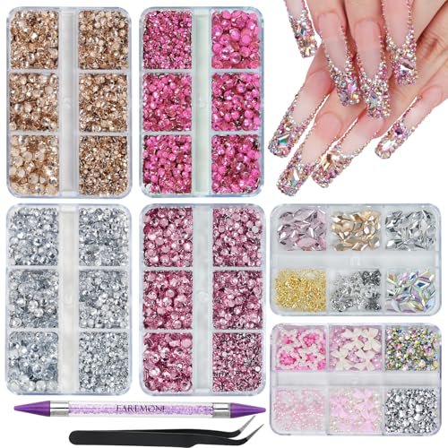 EARLMONI 12000PCS Flat Back Rhinestone Kits Pink Rhinestones Silver Face Gems Gold Nail Charms Flatback Pearls + Rhinestone Picker Tool 3D Shapes Nails Jewels for Bedazzling Face Makeup and Nail Art - Image 1
