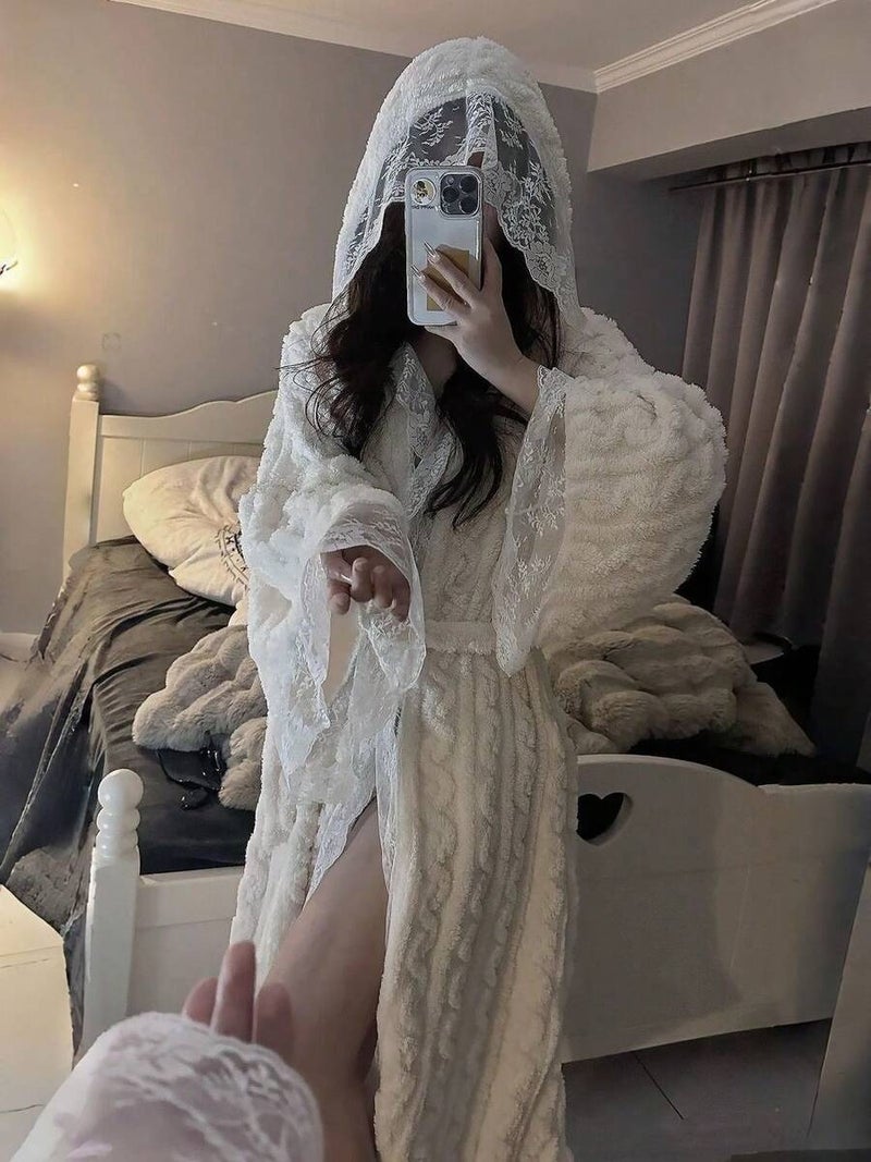 Shein Women's Sweet Vintage Lace Patchwork Hooded Coral Fleece Robe, Front Open Tie Closure, Super Soft Skin-Friendly, Indoor Bathrobe - White One Size - Image 4