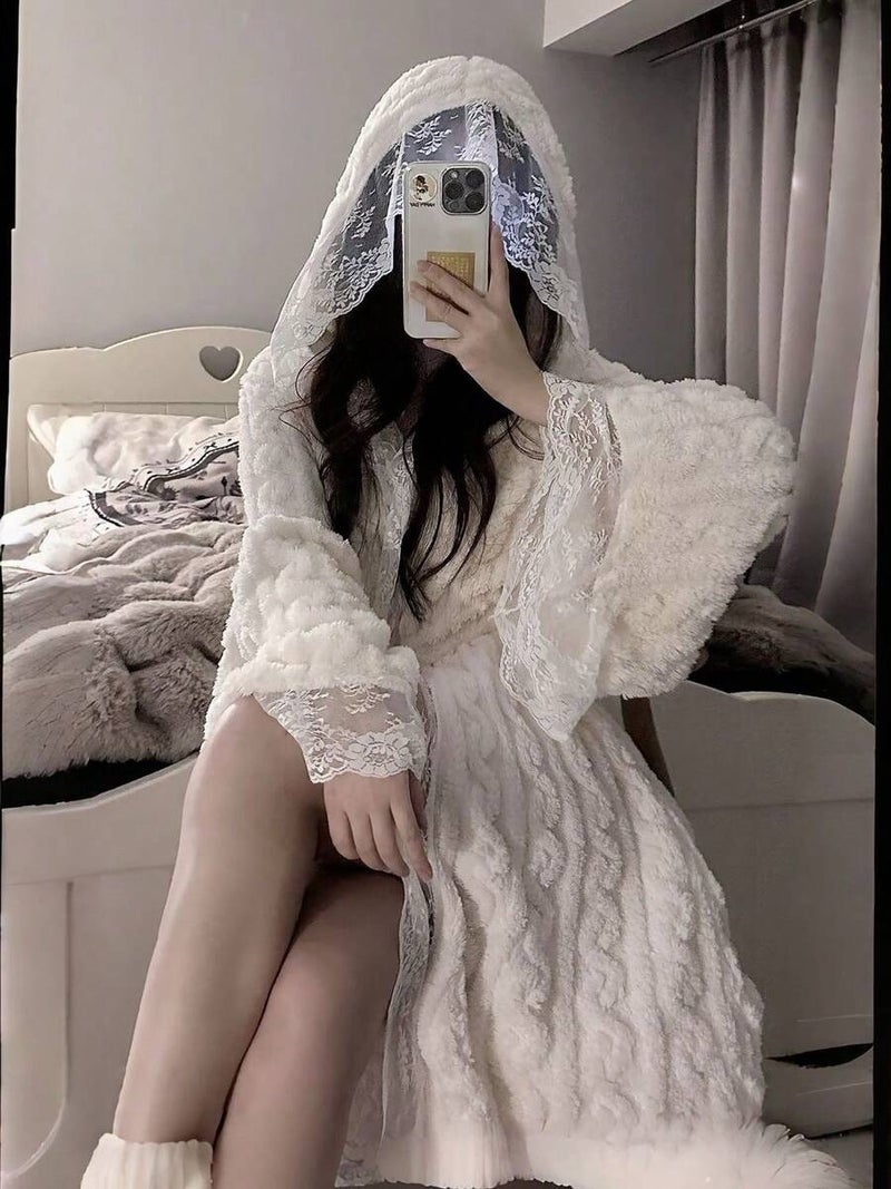 Shein Women's Sweet Vintage Lace Patchwork Hooded Coral Fleece Robe, Front Open Tie Closure, Super Soft Skin-Friendly, Indoor Bathrobe - White One Size - Image 3