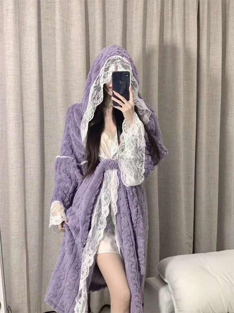Shein Women's Sweet Vintage Lace Patchwork Hooded Coral Fleece Robe, Front Open Tie Closure, Super Soft Skin-Friendly, Indoor Bathrobe - White One Size - Image 5