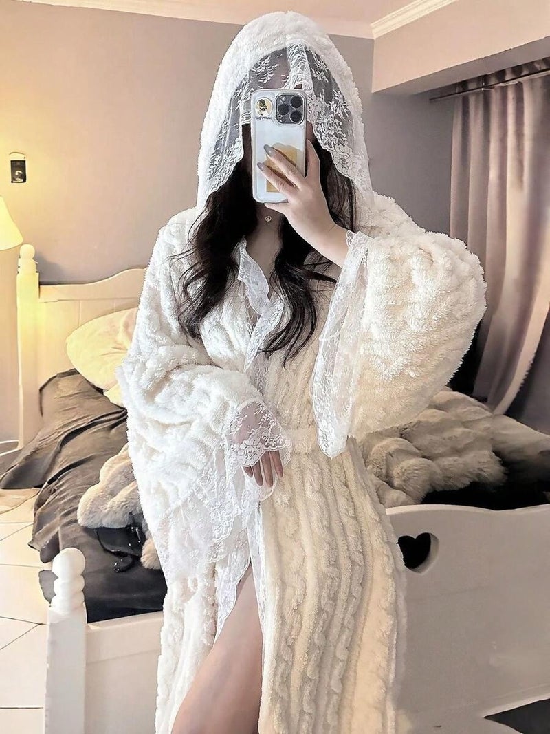 Shein Women's Sweet Vintage Lace Patchwork Hooded Coral Fleece Robe, Front Open Tie Closure, Super Soft Skin-Friendly, Indoor Bathrobe - White One Size - Image 1