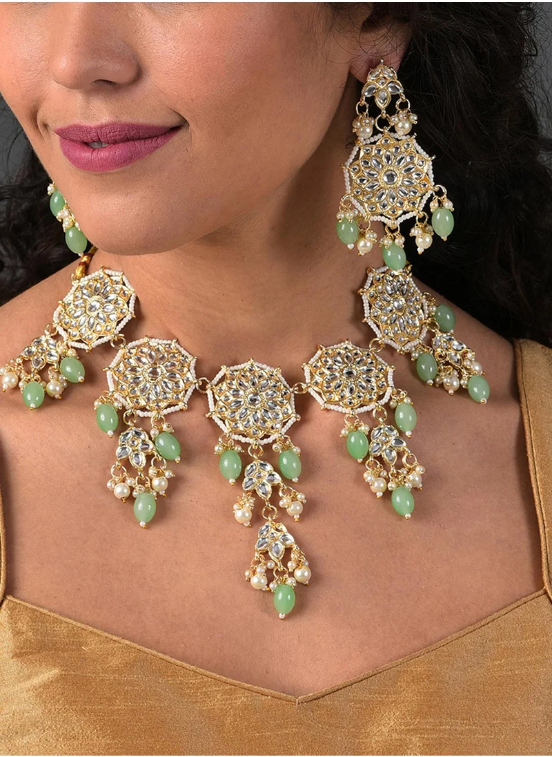 SOHI Green Stone-Studded & Beaded Jewellery Set