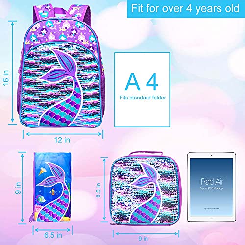 GXTVO 3PCS Mermaid Backpack for Girls, 16" Sequin Prechool Elementary Bookbag and Lunch Box - Image 4