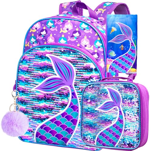 GXTVO 3PCS Mermaid Backpack for Girls, 16" Sequin Prechool Elementary Bookbag and Lunch Box - Image 1