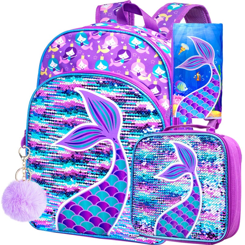 GXTVO 3PCS Mermaid Backpack for Girls, 16" Sequin Prechool Elementary Bookbag and Lunch Box - Image 3