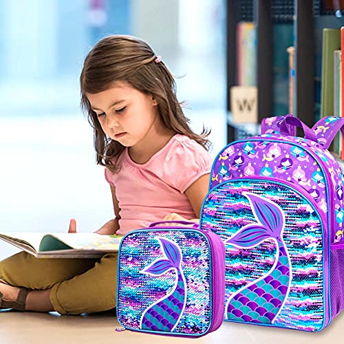 GXTVO 3PCS Mermaid Backpack for Girls, 16" Sequin Prechool Elementary Bookbag and Lunch Box - Image 2