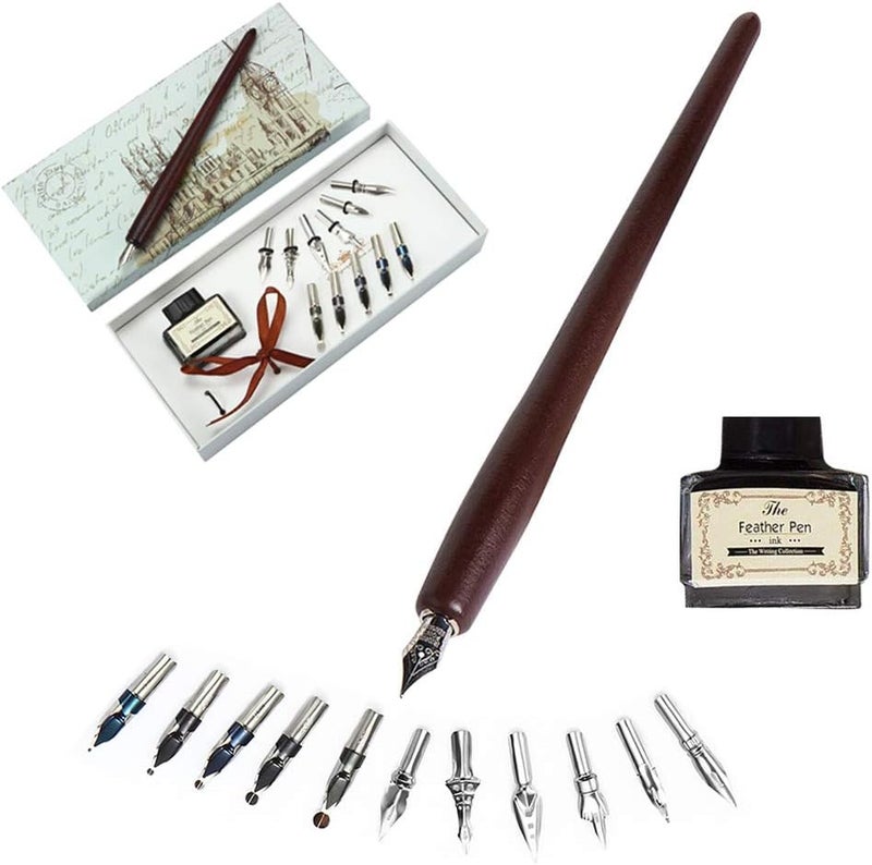 OPENDGO Calligraphy Pens Set -Wooden Dip Pen Handcrafted Calligraphy Set with 11 Nibs & Black Ink - Image 1