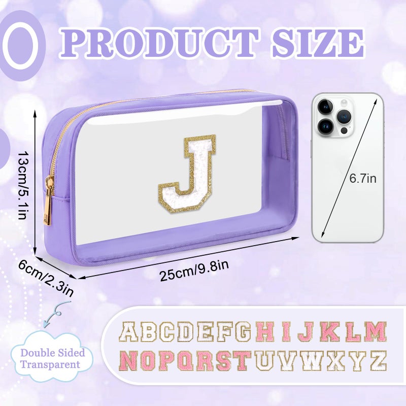 Iqimott Small Clear Personalized Initial Makeup Bag Nylon Preppy A-Z Chenille Letter Patch Cosmetic Pouch Beach Toiletry Bag Waterproof Zip Travel Purse Storage Bag Organizer For Women Girls(Purple-White J) - Image 2