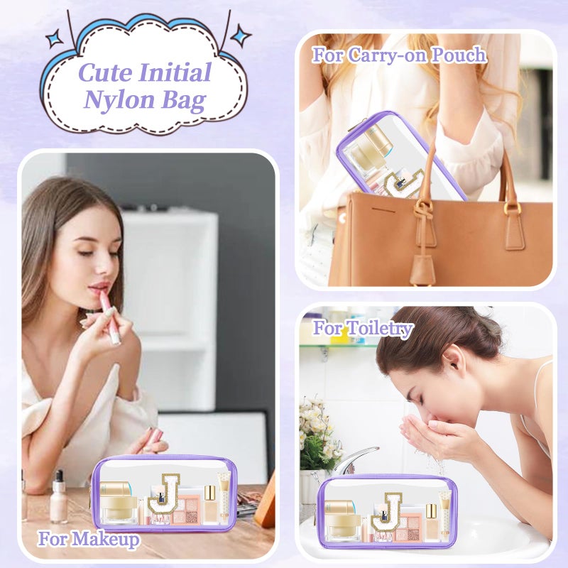 Iqimott Small Clear Personalized Initial Makeup Bag Nylon Preppy A-Z Chenille Letter Patch Cosmetic Pouch Beach Toiletry Bag Waterproof Zip Travel Purse Storage Bag Organizer For Women Girls(Purple-White J) - Image 5