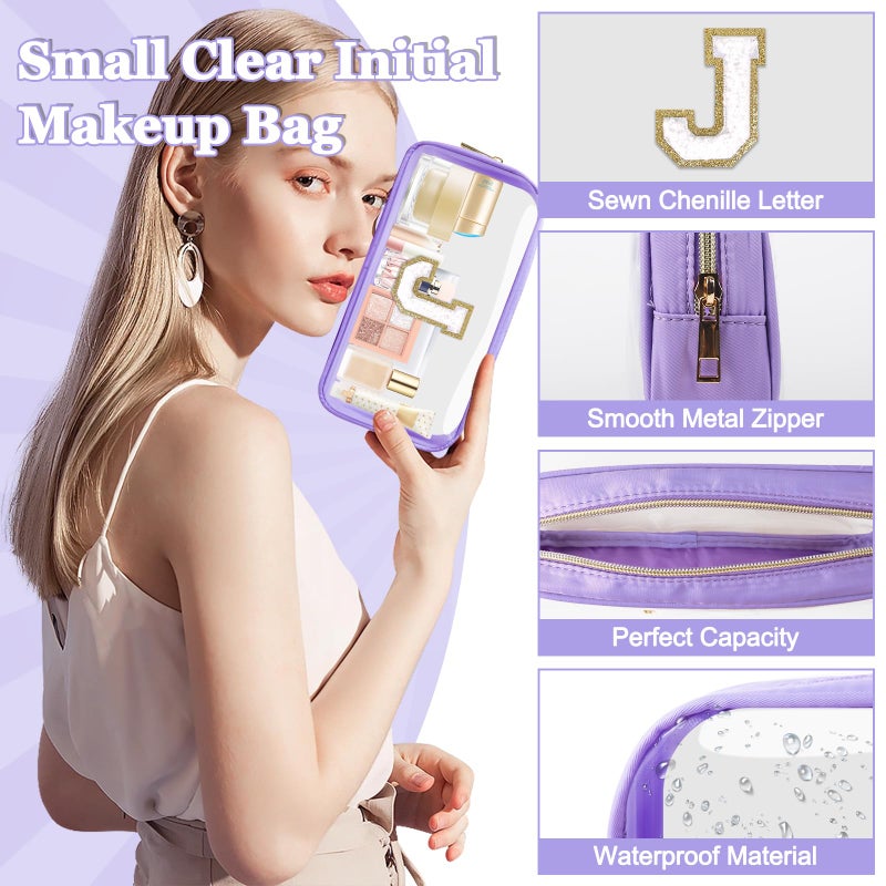 Iqimott Small Clear Personalized Initial Makeup Bag Nylon Preppy A-Z Chenille Letter Patch Cosmetic Pouch Beach Toiletry Bag Waterproof Zip Travel Purse Storage Bag Organizer For Women Girls(Purple-White J) - Image 3