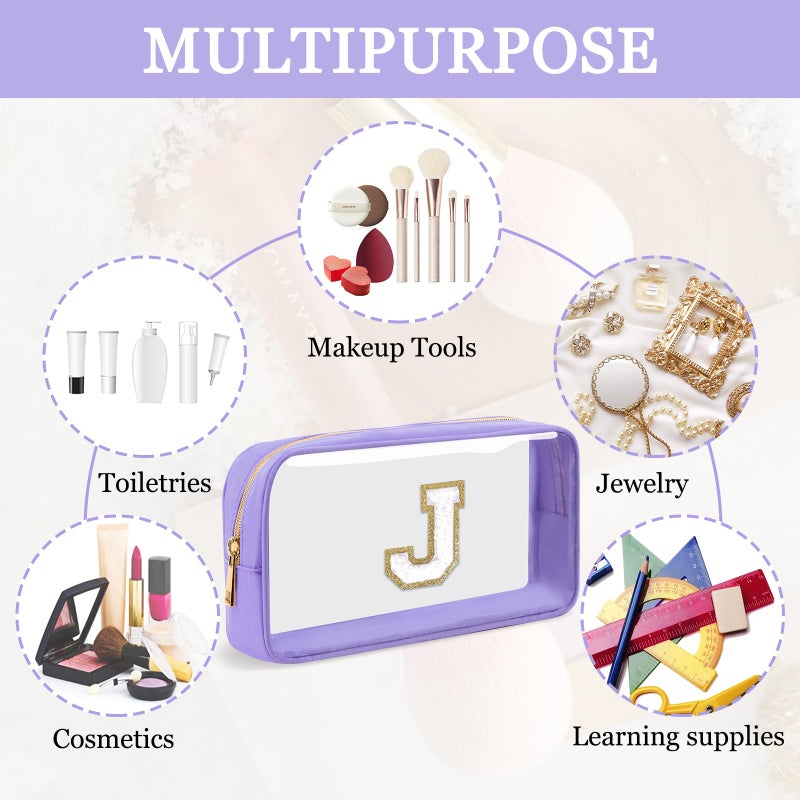 Iqimott Small Clear Personalized Initial Makeup Bag Nylon Preppy A-Z Chenille Letter Patch Cosmetic Pouch Beach Toiletry Bag Waterproof Zip Travel Purse Storage Bag Organizer For Women Girls(Purple-White J) - Image 4