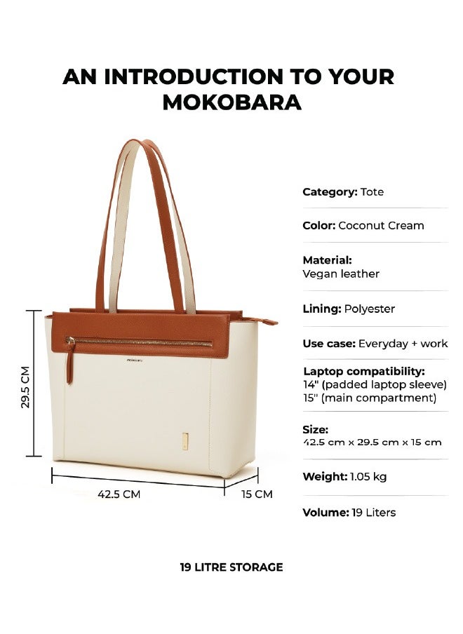 Mokobara - MOKOBARA | The Dawn Tote Shoulder Bag Fits Upto 14" Laptop, Perfect for Work & Daily Use, Crafted with Vegan Leather, Designed for Women (Coconut Cream) - Image 1