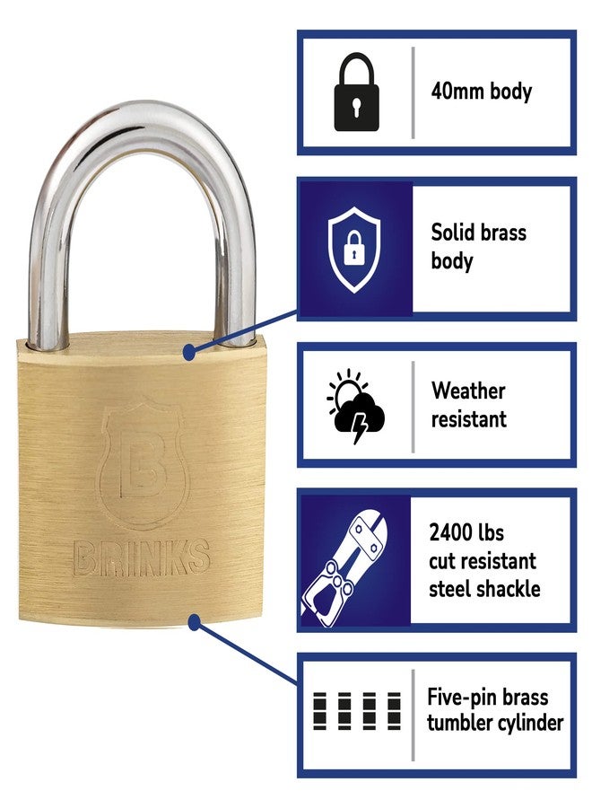 BRINKS - 40mm Solid Brass Keyed Padlock with 7/8” Shackle Clearance, 4-Pack - Chrome Plated with Hardened Steel Shackle, (171-40401) - Image 2