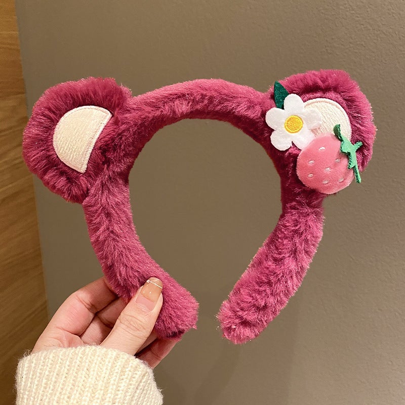 Cute Capybara Plush Hairband for Face Wash Makeup Bear ears strawberry headband [rose red]