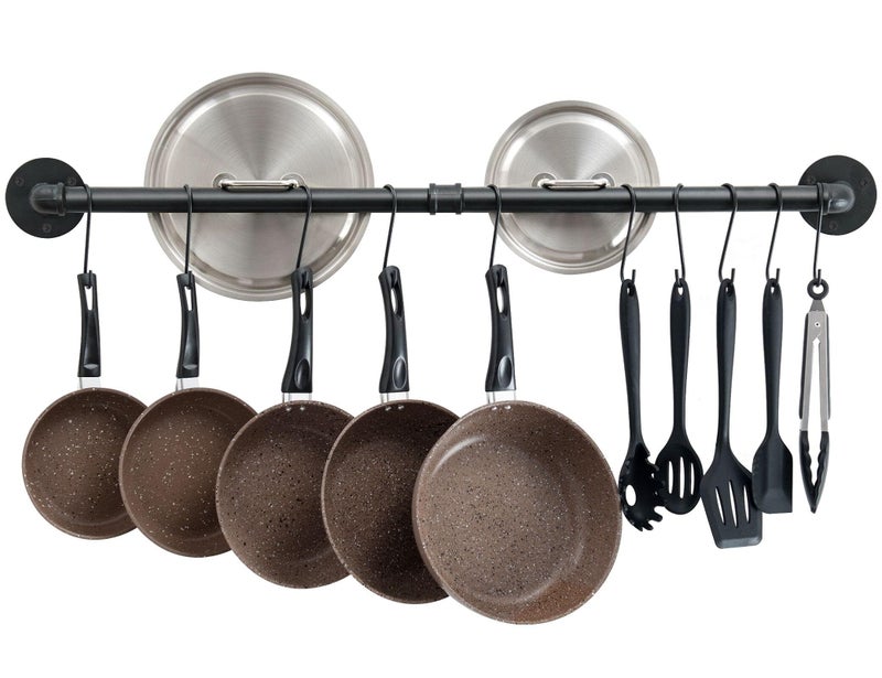 OROPY Wall Mount Pot Pan Bar Rack 97cm Metal Industrial Style Hanging Rail Kitchen Utensils Hanger Organiser with 14 Hooks Black