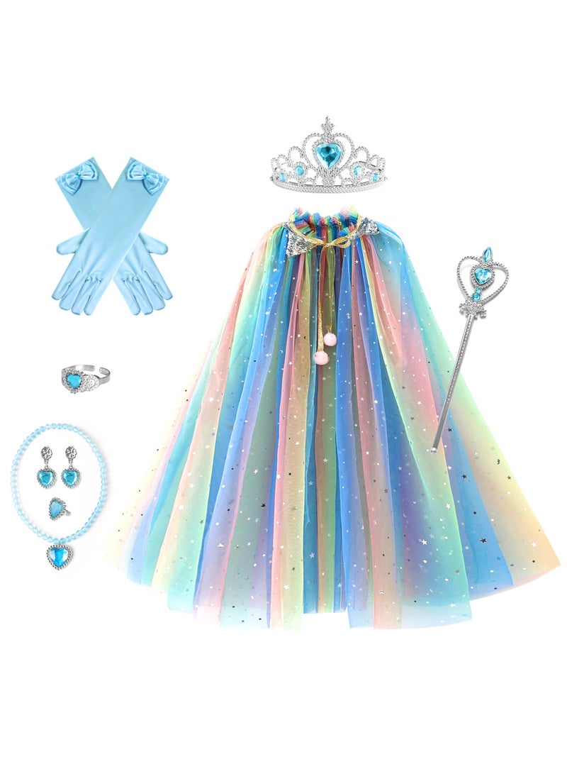 Princess Cape Set 9 Pieces Girls Princess Cloak with Tiara Crown, Wand for Little Girls Dress up (Multicolor) - Image 1
