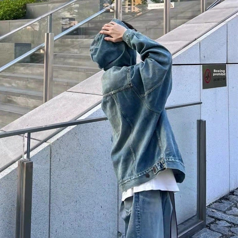 American Style High Street Retro Mens and Womens Couple Hooded Denim Hong Kong Style Sweatshirt Jacket Loose Handsome Mens Jacket Trendy Top 818 blue  - Image 5