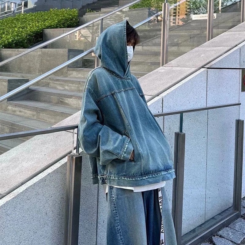 American Style High Street Retro Mens and Womens Couple Hooded Denim Hong Kong Style Sweatshirt Jacket Loose Handsome Mens Jacket Trendy Top 818 blue  - Image 1