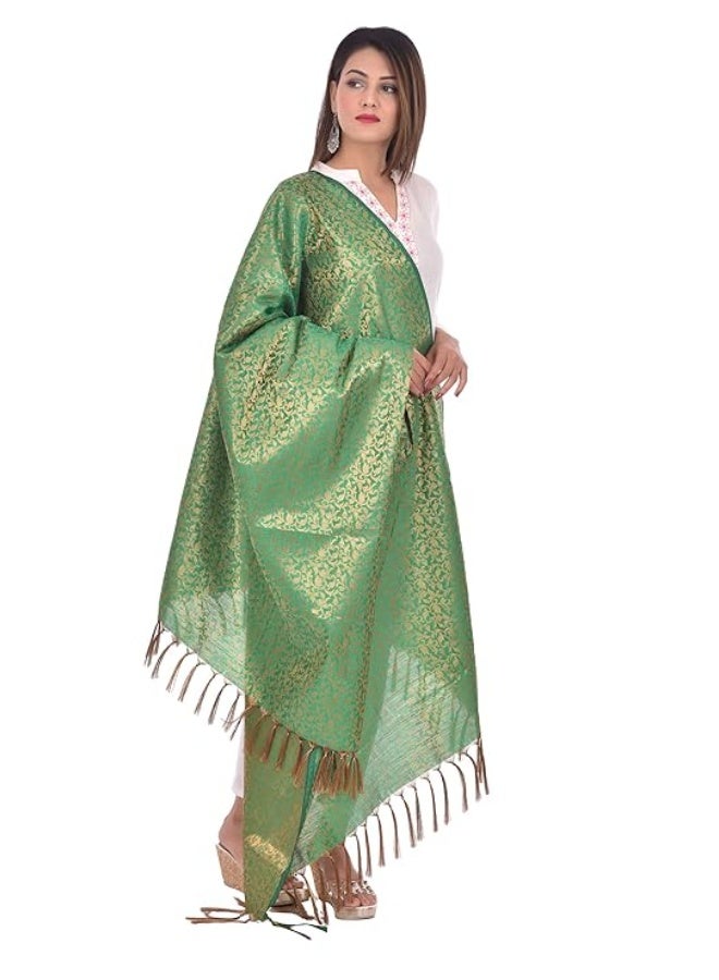 YOUTHQUAKE Women's & Girls Golden Zari Jacquard Banarsi Silk Dupatta (Tassels are Made by Hand) - Image 1