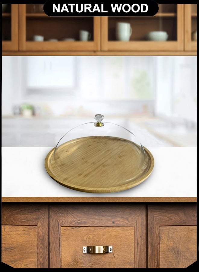 Majestic Wooden Cake Tray with Acrylic Dome Cover, 30 cm Diameter, Clear Lid with Crystal Handle, Perfect for Cakes, Breads, Sushi & Desserts - Image 3