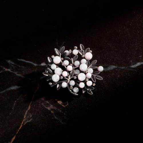 Wynameleri Lapel Pins Brooch Grey Vintage Clump of Leaves Design with Rhinestones and Pink Pearls in Gift Box - Image 4