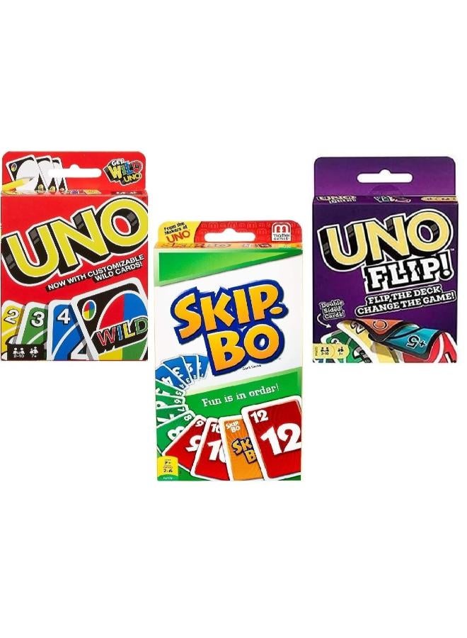 Uno, Flip and Skip-Bo Card Game, Combo Pack of 3
