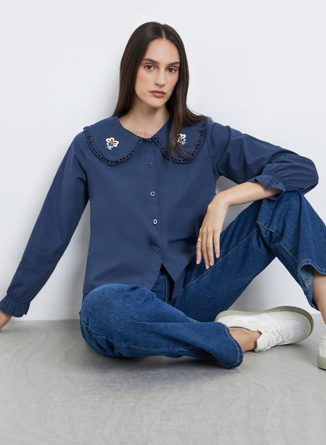 ستايلي بلوزة بأكمام طويلة مطرزة بتفاصيل دانتيل أزرق نيلي - Image 1