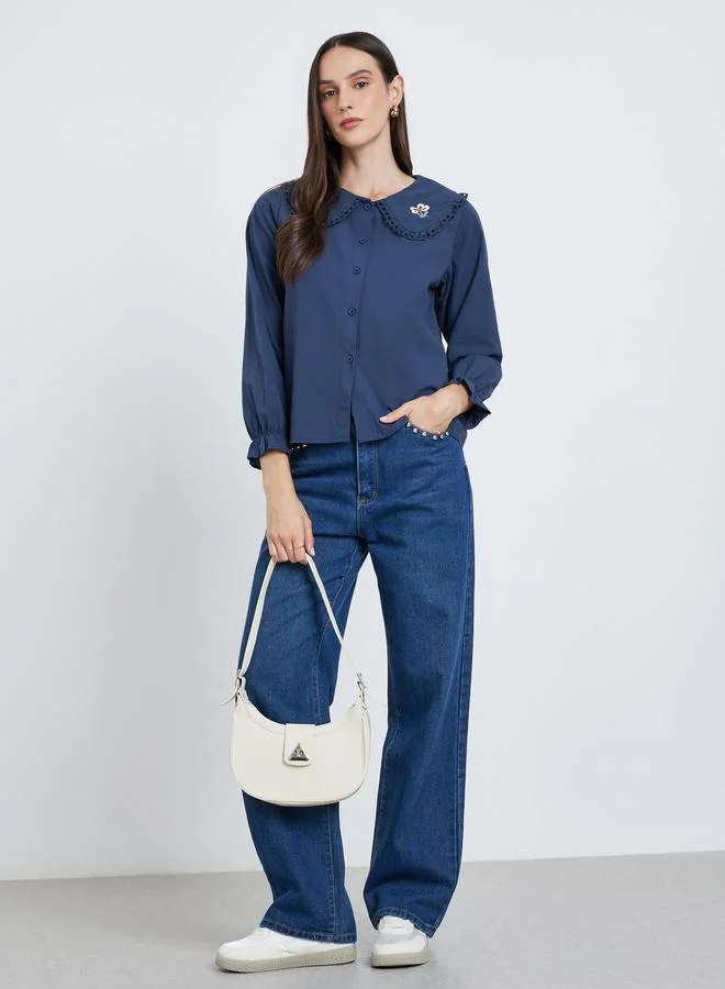 Styli Styli Navy Blue Lace Insert Embroidered Detail Long Sleeve Top