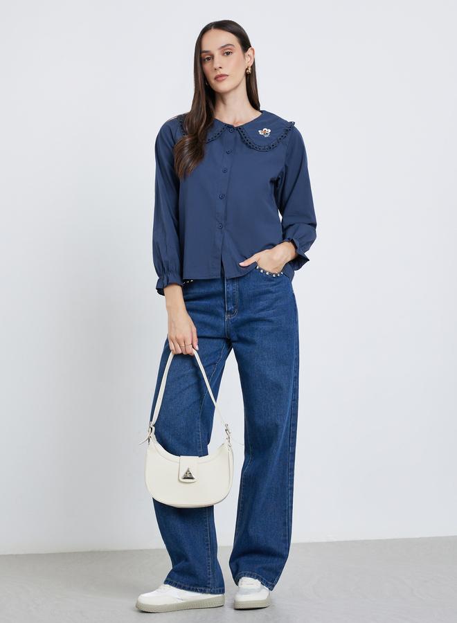 ستايلي بلوزة بأكمام طويلة مطرزة بتفاصيل دانتيل أزرق نيلي - Image 2