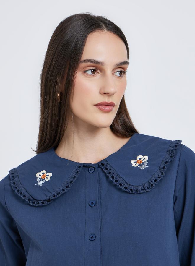 ستايلي بلوزة بأكمام طويلة مطرزة بتفاصيل دانتيل أزرق نيلي - Image 4